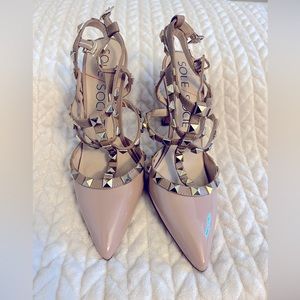 Strappy patten leather heels. Taupe with gold spike embellishments.